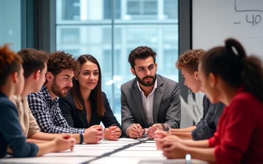A group of diverse professionals in a sprint meeting